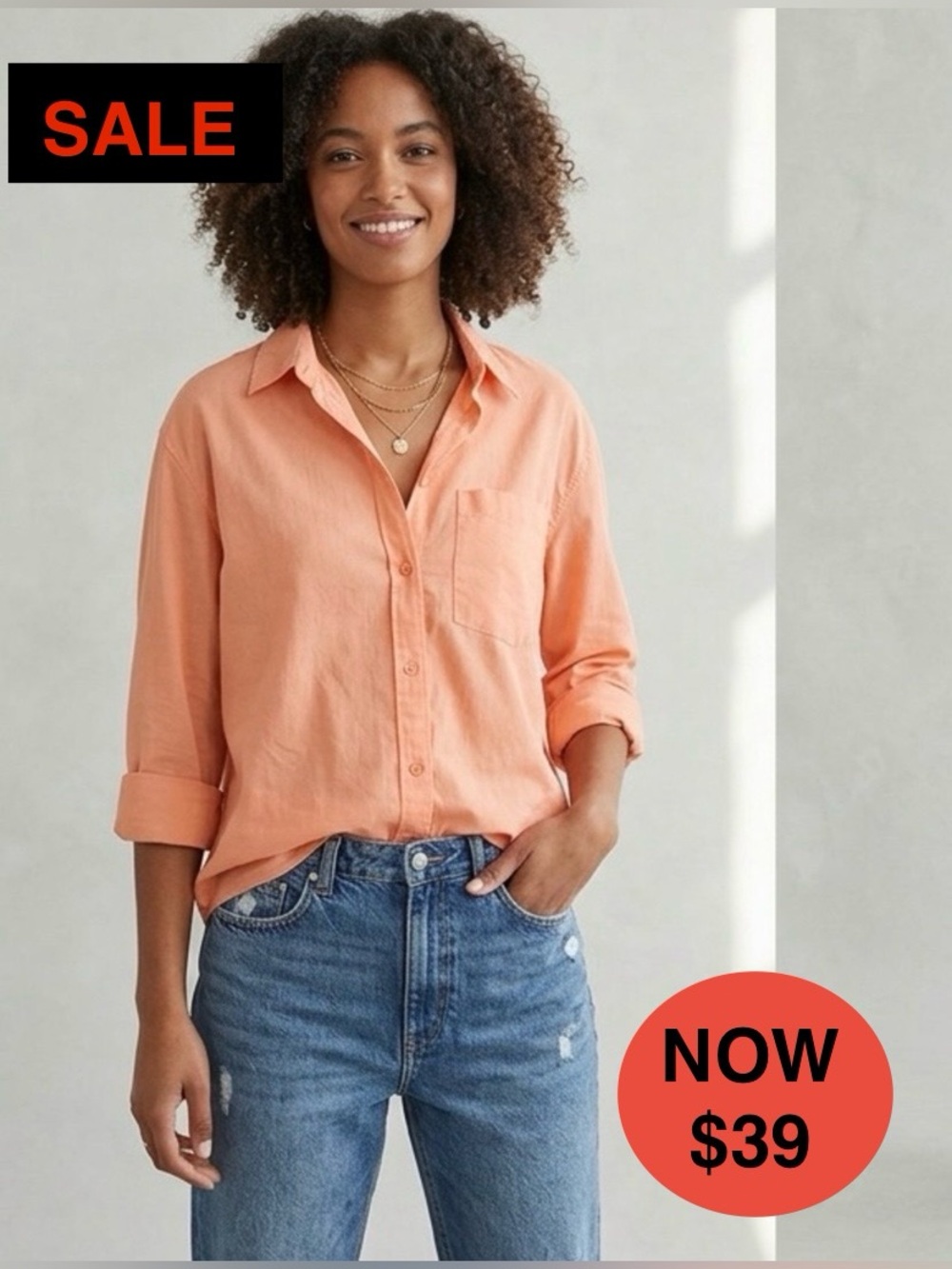 H&M Vintage Divided Archive Peach Cotton Boyfriend Button Down Shirt Top EUC S